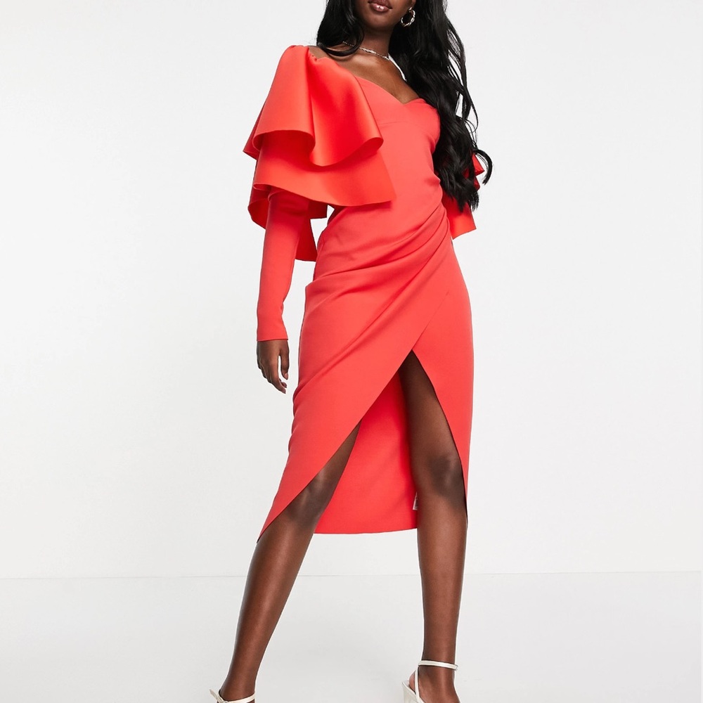 ASOS DESIGN extreme ruffle shoulder midi dress in hot red